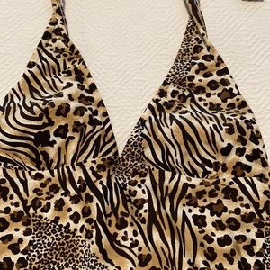 Catalina animal print one piece swimsuit with slightly padded cups and neck tie